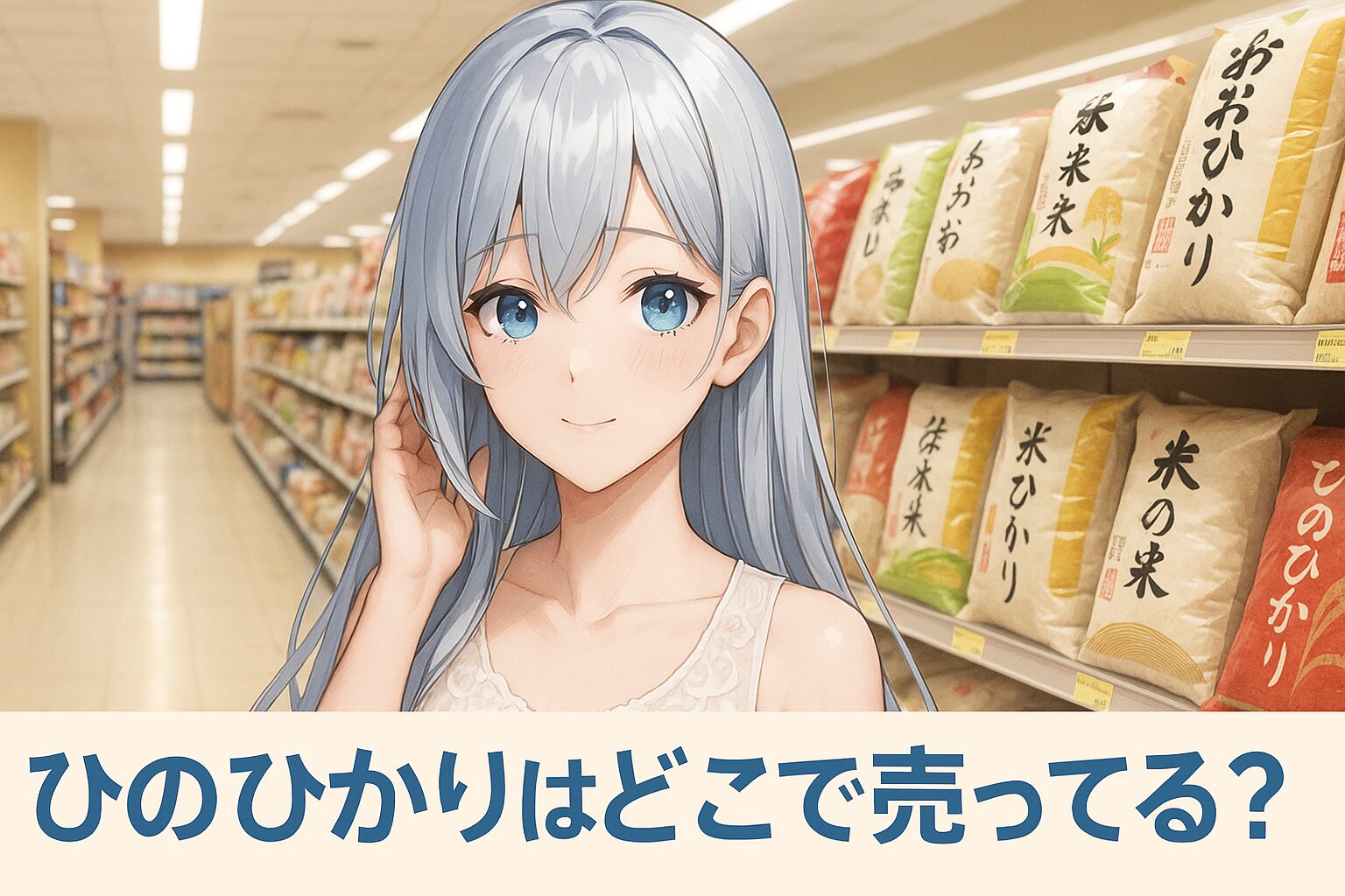 ひのひかりの販売場所を紹介する記事のアイキャッチ画像。青髪の女性がスーパーの米売り場で「ひのひかり」と書かれた米袋の棚を背景に立っている。穏やかな雰囲気のイラスト。