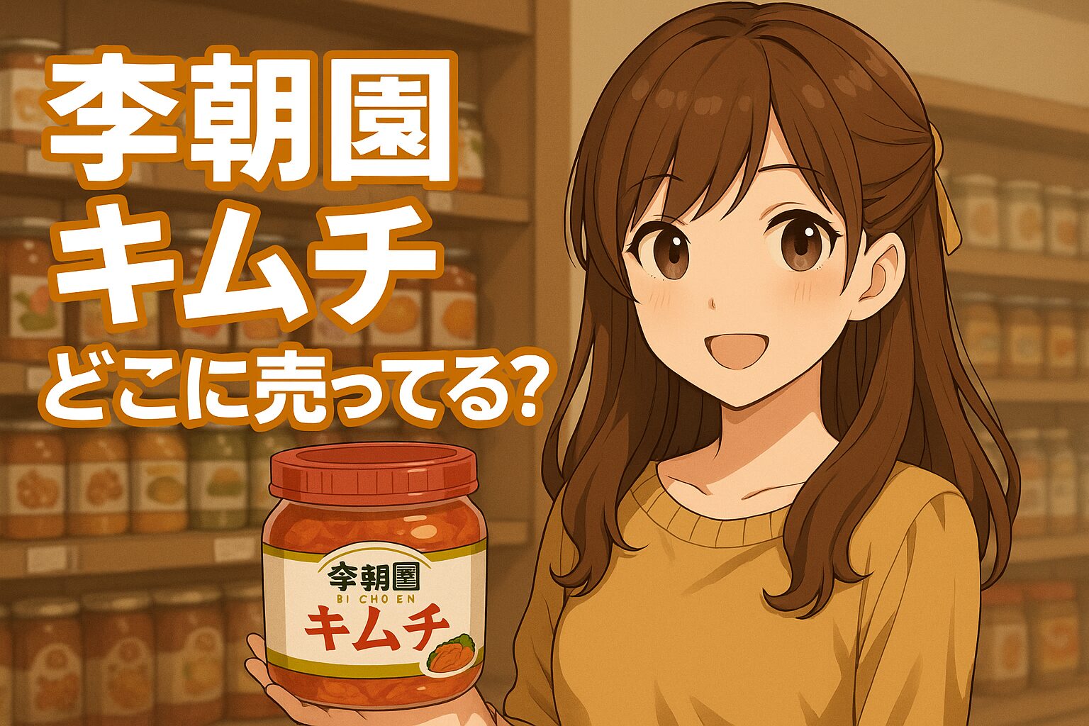 李朝園キムチの販売場所を紹介する記事のアイキャッチ画像。茶髪の女性が瓶入りの「李朝園キムチ」を手に、スーパーの棚の前で優しく笑っている。