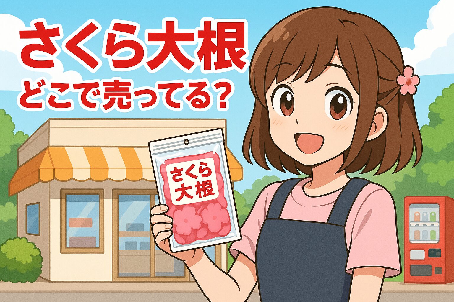 さくら大根の販売場所を紹介する記事のアイキャッチ画像。ピンクの服を着た女性が「さくら大根」を手に、店先の前で明るく微笑んでいる。