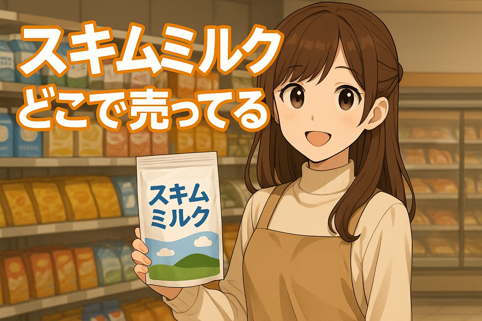 スキムミルクの販売場所を紹介する記事のアイキャッチ画像。茶髪の女性が白い「スキムミルク」パッケージを持ち、スーパーの棚の前で笑顔を見せている。