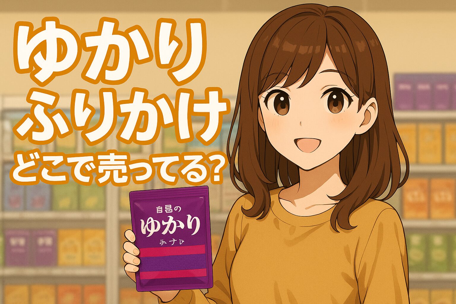 ゆかりふりかけの販売場所を紹介する記事のアイキャッチ画像。茶髪の女性が紫色のパッケージの「ゆかり」を手に、スーパーのふりかけ棚の前でにこやかに立っている。