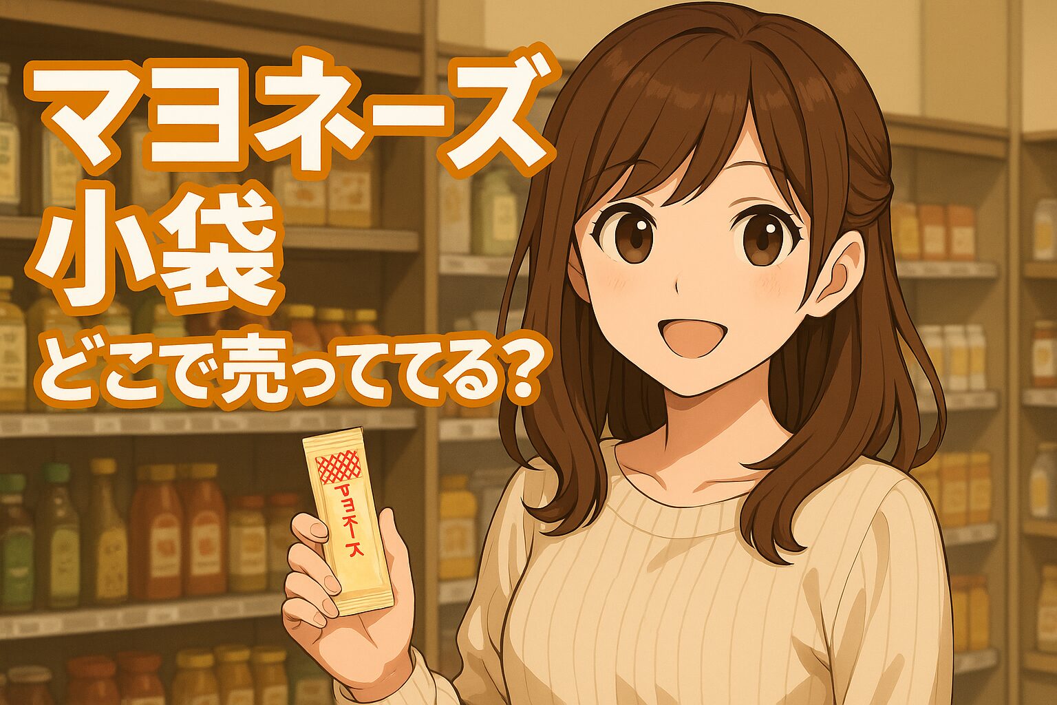 マヨネーズ小袋の販売場所を紹介する記事のアイキャッチ画像。茶髪の女性が小袋入りのマヨネーズを手に、スーパーの調味料棚の前で明るく微笑んでいる。