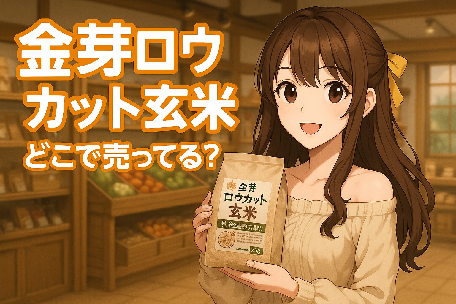 金芽ロウカット玄米の販売場所を紹介する記事のアイキャッチ画像。青髪の女性が米袋を手に、スーパーの穀物棚の前で微笑んでいる。明るくナチュラルなトーンのイラスト。