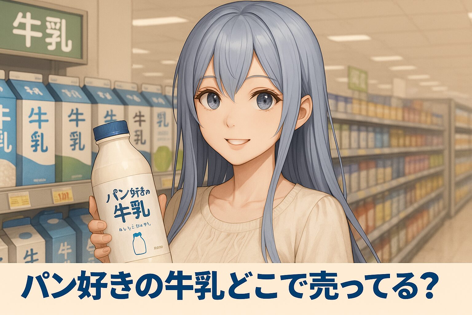 パン好きの牛乳の販売場所を紹介する記事のアイキャッチ画像。青髪の女性が「パン好きの牛乳」のボトルを手に、スーパーの乳製品コーナーで優しく微笑んでいる。背景には牛乳パックが並んでいる。