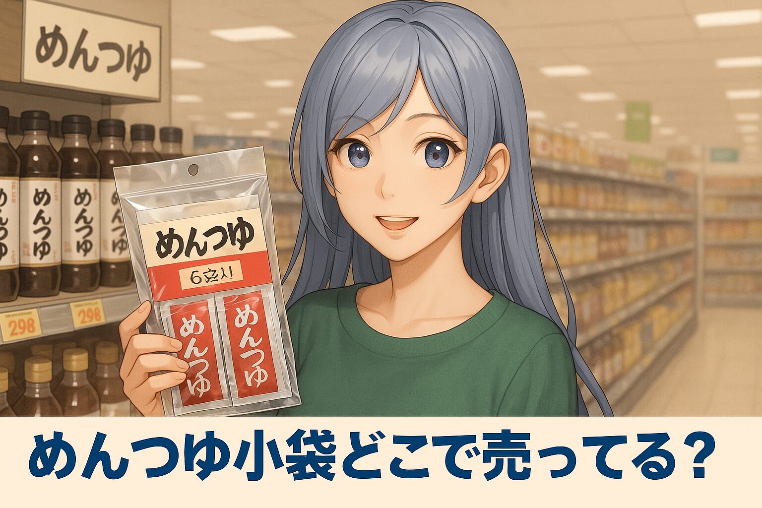 めんつゆ小袋の販売場所を紹介する記事のアイキャッチ画像。青髪の女性が「めんつゆ6袋入り」を手に、スーパーの調味料コーナーでにこやかに立っている。