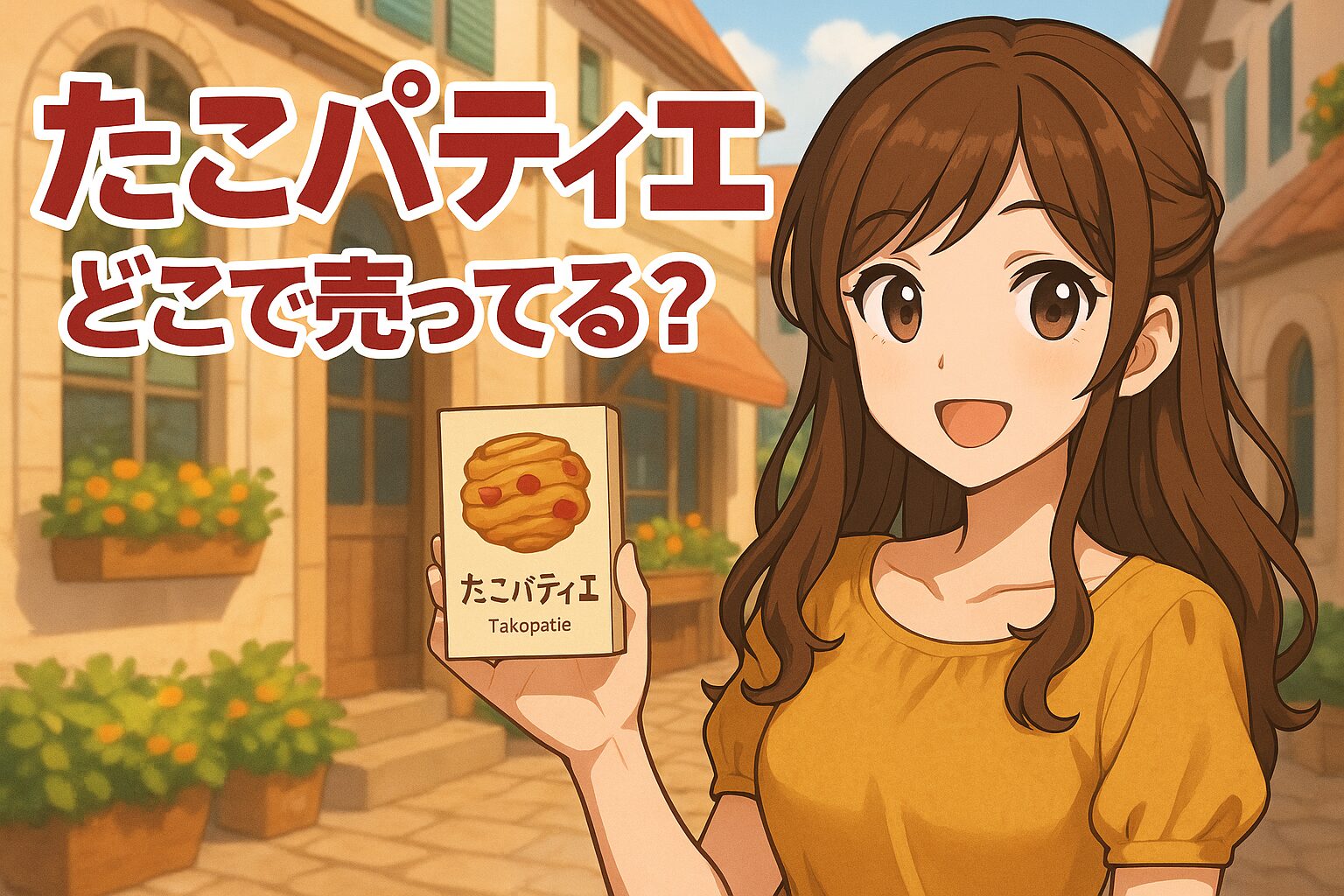 たこパティエの販売場所を紹介する記事のアイキャッチ画像。茶髪の女性が「たこパティエ」と書かれたお菓子の箱を持ち、洋風の街並みを背景に明るく微笑んでいる。