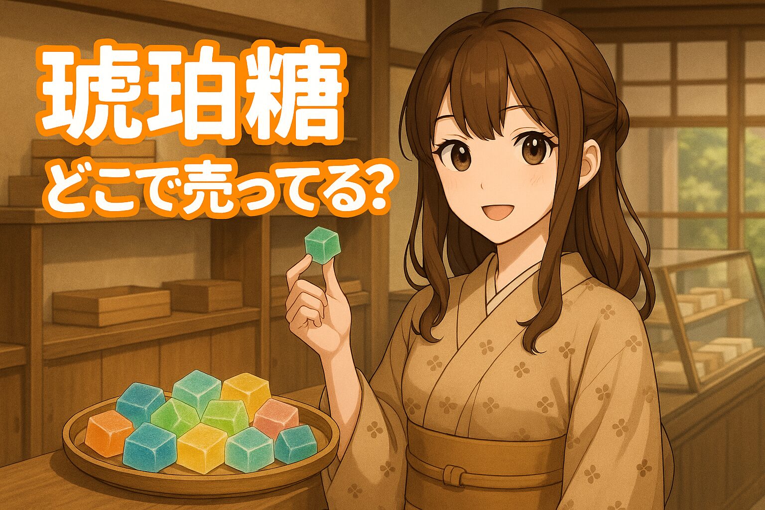 琥珀糖の販売場所を紹介する記事のアイキャッチ画像。茶髪の女性がガラス瓶に入ったカラフルな琥珀糖を手に持ち、明るい和菓子店の棚を背景に微笑んでいる。