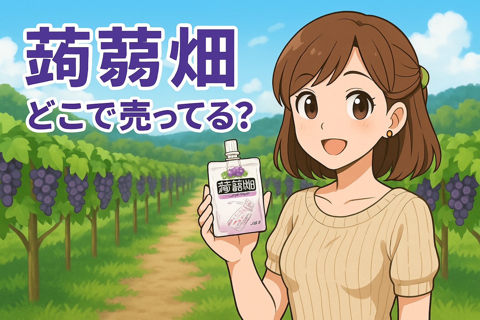 蒟蒻畑の販売場所を紹介する記事のアイキャッチ画像。茶髪の女性が葡萄畑を背景に、紫色の蒟蒻畑ゼリーを手に持って笑顔を見せている。明るい空と自然が映えるイラスト。