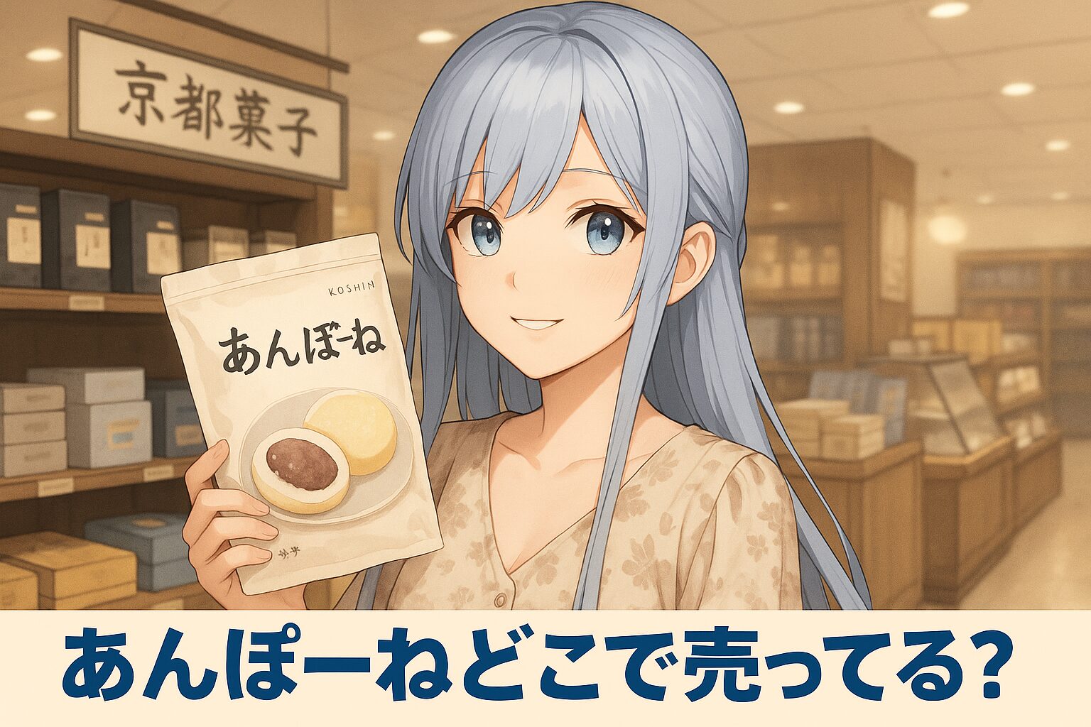 あんぽーねの販売場所を紹介する記事のアイキャッチ画像。青髪の女性が京都菓子店の店内で、白いパッケージの「あんぽーね」を手に笑顔を見せている。背景には和菓子の棚が並んでいる。