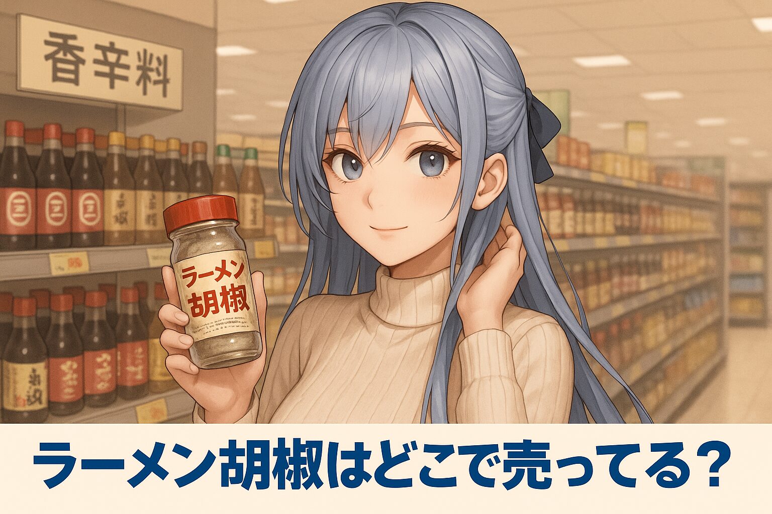 ラーメン胡椒の販売場所を紹介する記事のアイキャッチ画像。青髪の女性が「ラーメン胡椒」と書かれたスパイスボトルを手に持ち、スーパーの香辛料売り場を背景に微笑んでいる。