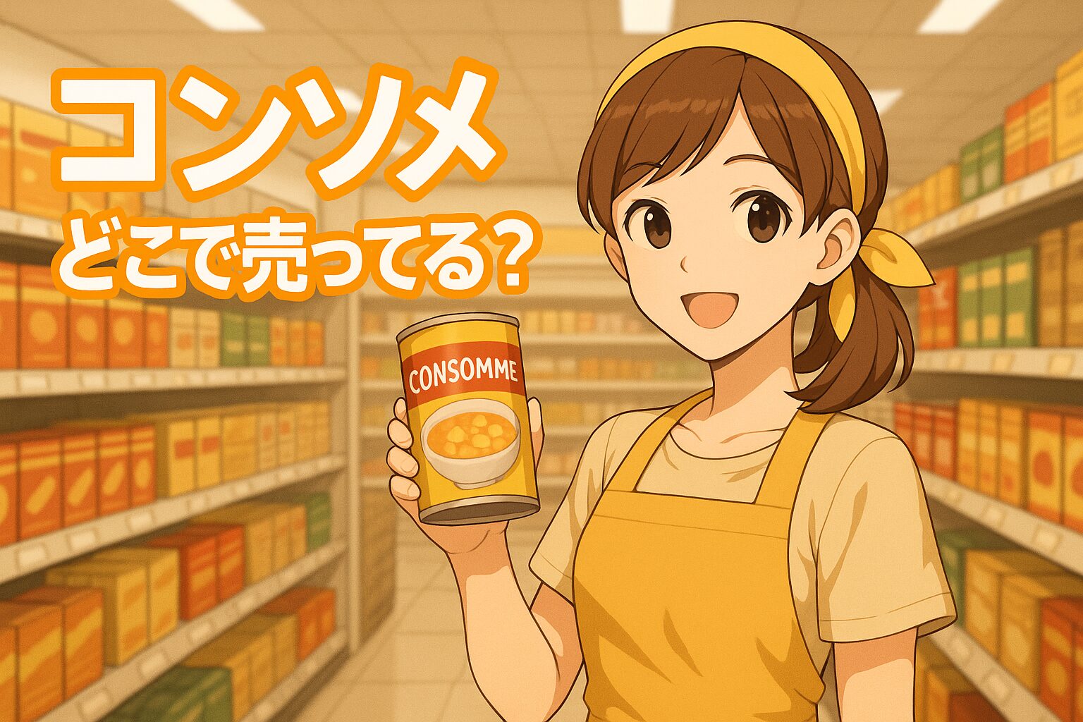 コンソメの販売場所を紹介する記事のアイキャッチ画像。茶髪の女性がスーパーの調味料棚で「コンソメ缶」を手に笑顔を見せている。黄色系で温かみのある色合いのイラスト。