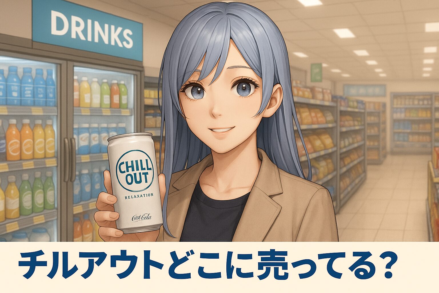 チルアウトの販売場所を紹介する記事のアイキャッチ画像。青髪の女性が「CHILL OUT」と書かれた缶を手に持ち、スーパーのドリンクコーナーで微笑んでいる。