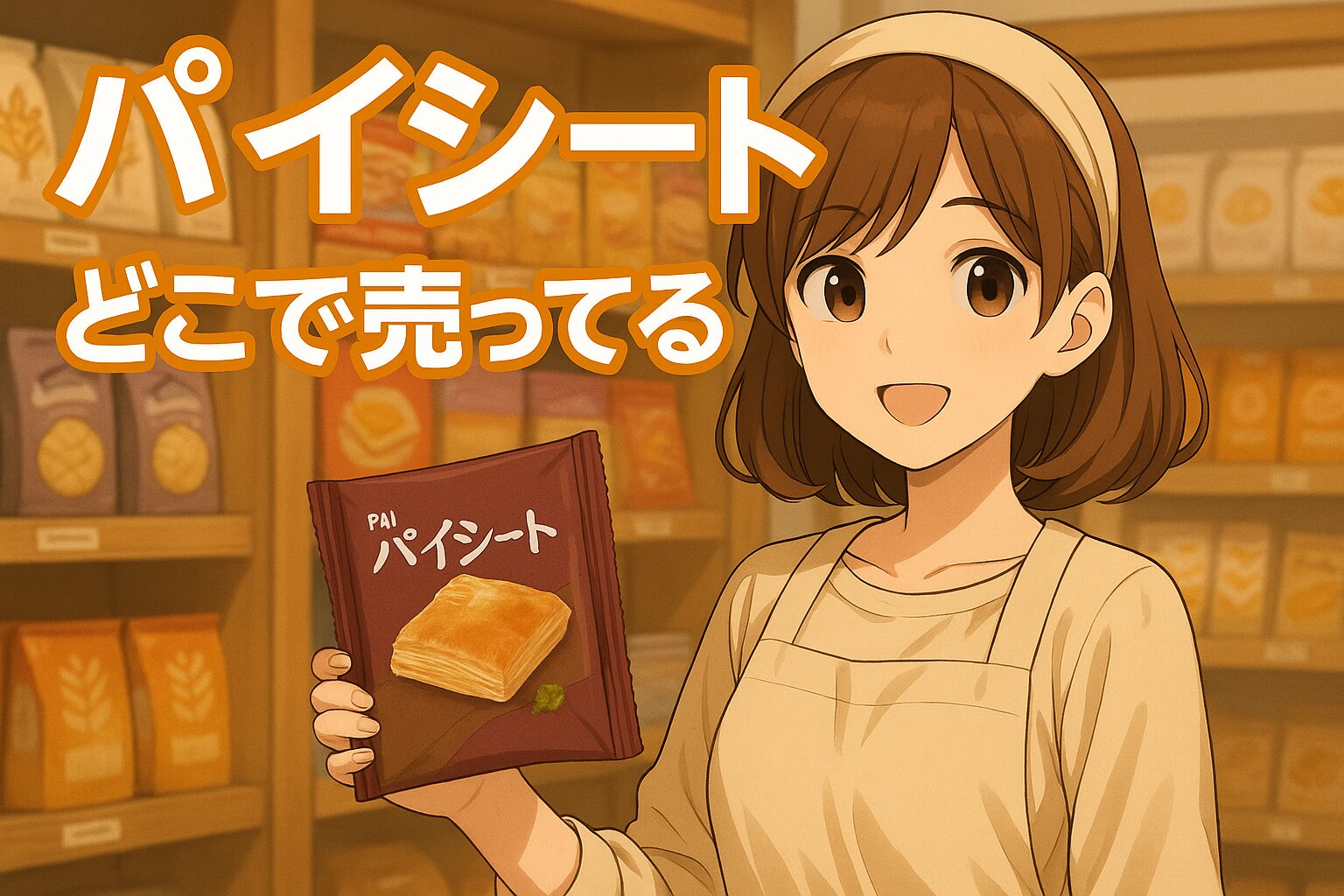 パイシートの販売場所を紹介する記事のアイキャッチ画像。茶髪の女性が冷凍パイシートの箱を手に持ち、ベージュの背景で明るく微笑んでいる。