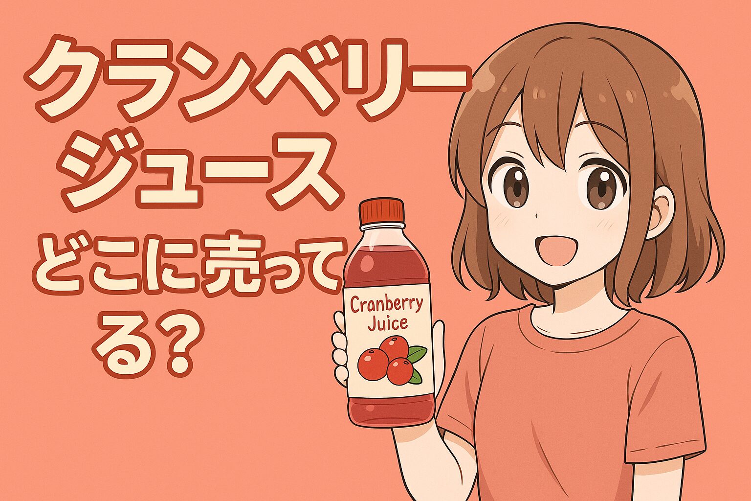 クランベリージュースの販売場所を紹介する記事のアイキャッチ画像。女性が赤いキャップの瓶を手に持ち、オレンジ色の背景で明るく微笑んでいる。