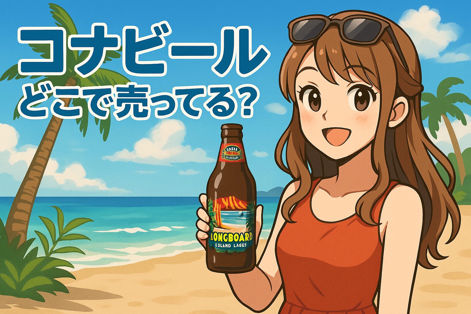 コナビールの販売場所を紹介する記事のアイキャッチ画像。青髪の女性がハワイ産「KONA BEER」の瓶を片手に持ち、海辺のリゾート風景を背景に微笑んでいる。