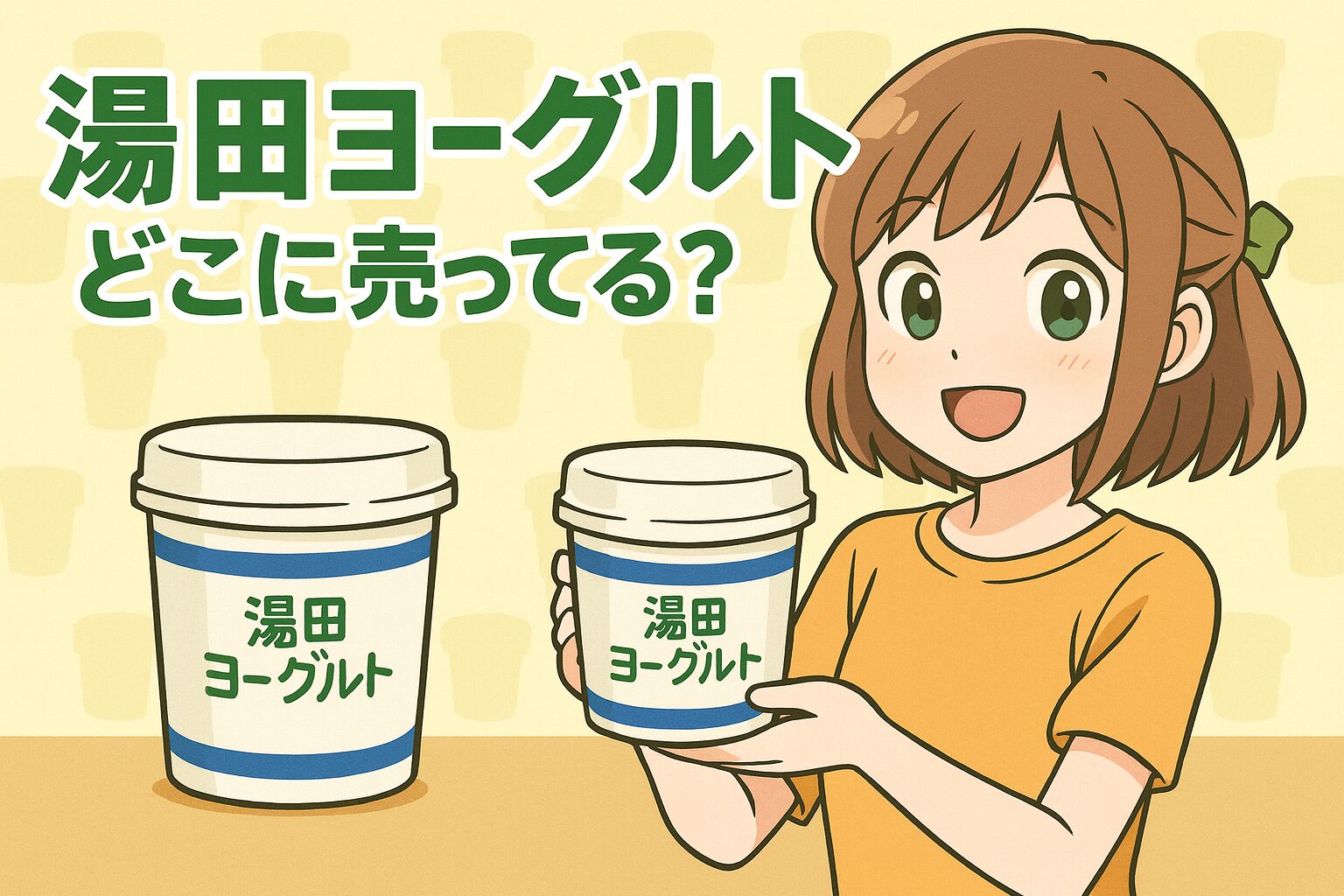 湯田ヨーグルトの販売場所を紹介する記事のアイキャッチ画像。女性が白と青のカップ入りヨーグルトを両手に持ち、黄色の背景で笑顔を見せている。