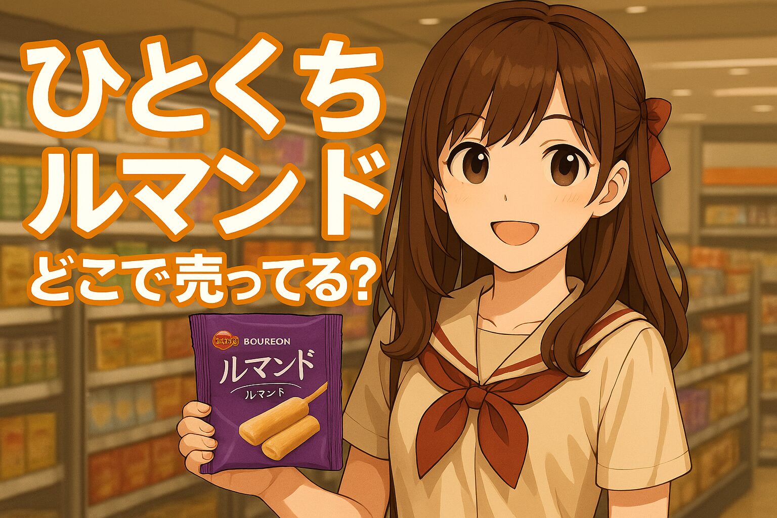 ひとくちルマンドの販売場所を紹介する記事のアイキャッチ画像。茶髪の女性が紫色のルマンドパッケージを持ち、スーパーのお菓子売り場でにこやかに微笑んでいる。