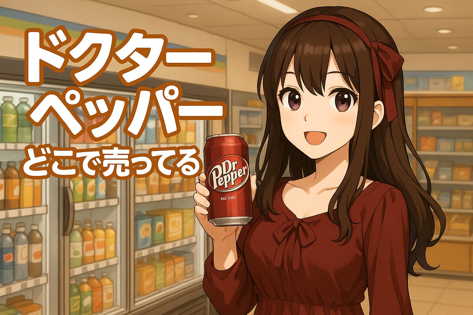 ドクターペッパーの販売場所を紹介する記事のアイキャッチ画像。茶髪の女性が赤い「Dr Pepper」缶を手に、スーパーの飲料コーナーを背景に明るく微笑んでいる。