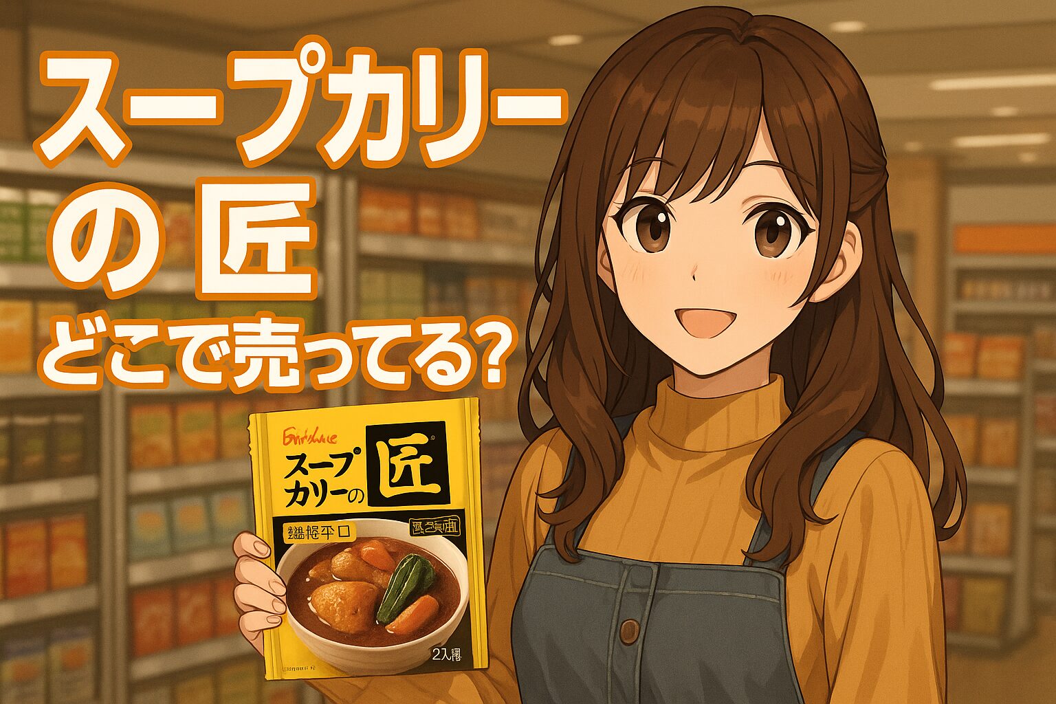 スープカリーの匠の販売場所を紹介する記事のアイキャッチ画像。茶髪の女性が「スープカリーの匠」を手に、スーパーのレトルト食品売り場で微笑んでいる。