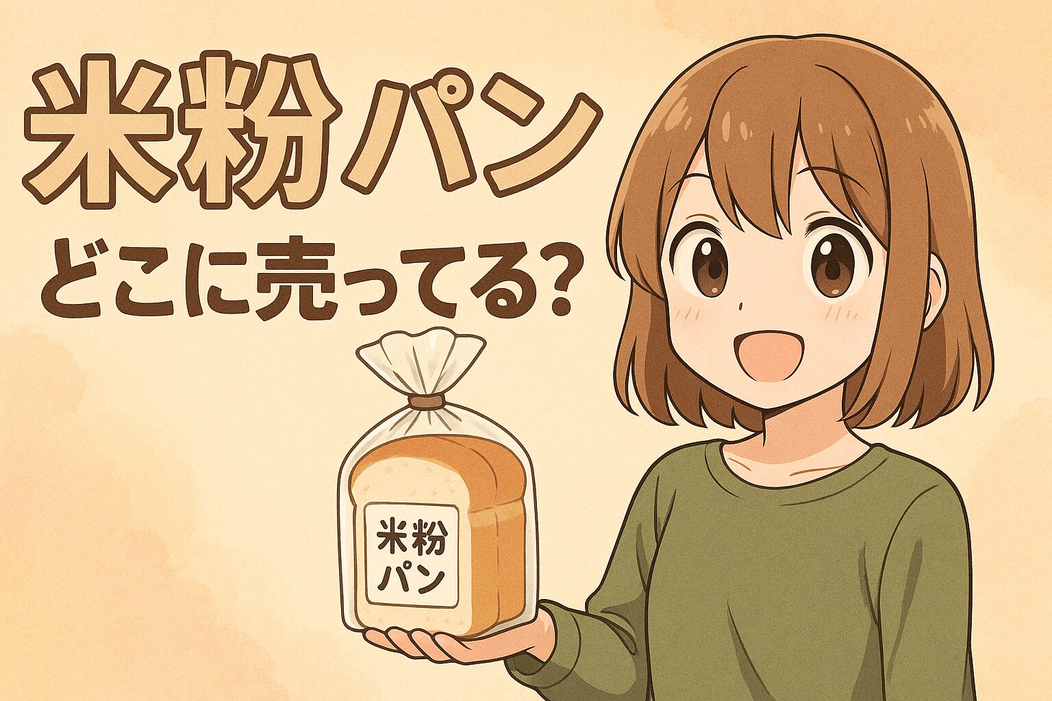 米粉パンの販売場所を紹介する記事のアイキャッチ画像。女性が透明袋に入った食パンを手に持ち、淡いベージュの背景で微笑んでいる。