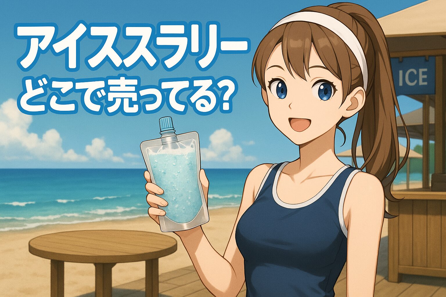 アイススラリーの販売場所を紹介する記事のアイキャッチ画像。ポニーテールの女性がパウチ入りのアイススラリーを手に、青い海と砂浜を背景に爽やかに笑っている。