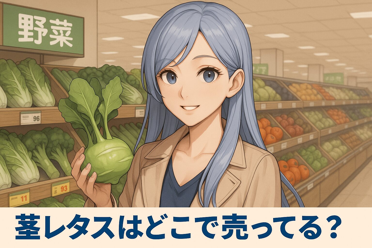 茎レタスの販売場所を紹介する記事のアイキャッチ画像。青髪の女性が新鮮な茎レタスを手に、スーパーの野菜売り場で微笑んでいる。背景にはグリーンの野菜棚が並ぶ。