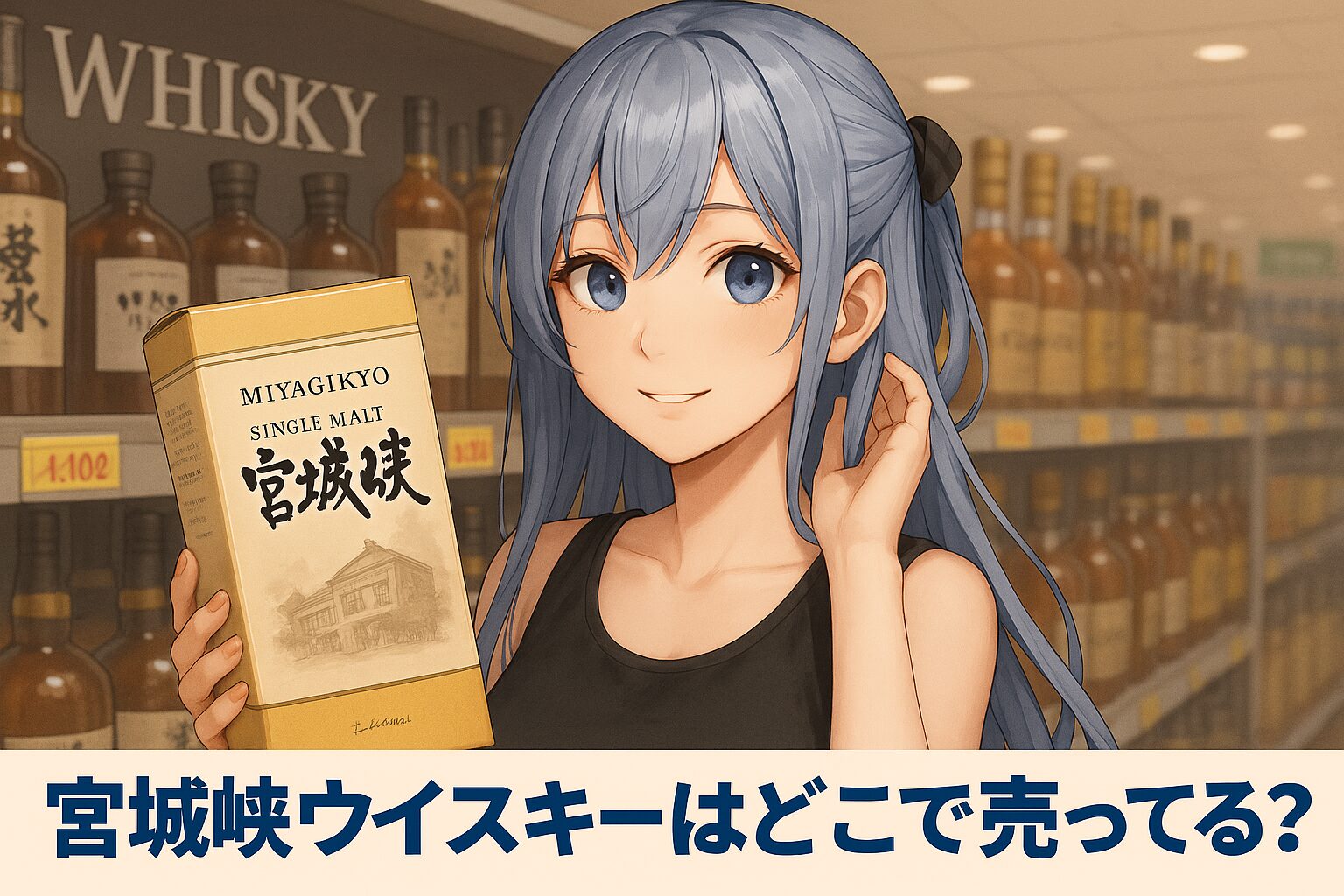 宮城峡ウイスキーの販売場所を紹介する記事のアイキャッチ画像。青髪の女性がウイスキーの箱を手に、酒売り場の棚の前で優しく微笑んでいる。