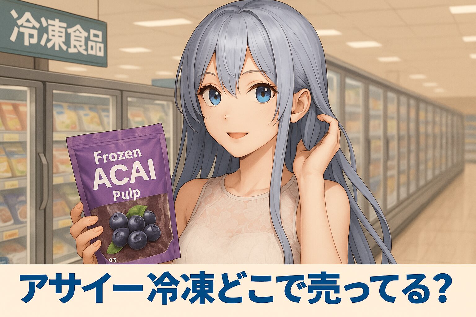 アサイー冷凍商品の販売場所を紹介する記事のアイキャッチ画像。青髪の女性がスーパーの冷凍食品コーナーで紫色の「Frozen ACAI Pulp」袋を手に微笑んでいる。冷凍庫が並ぶ背景。