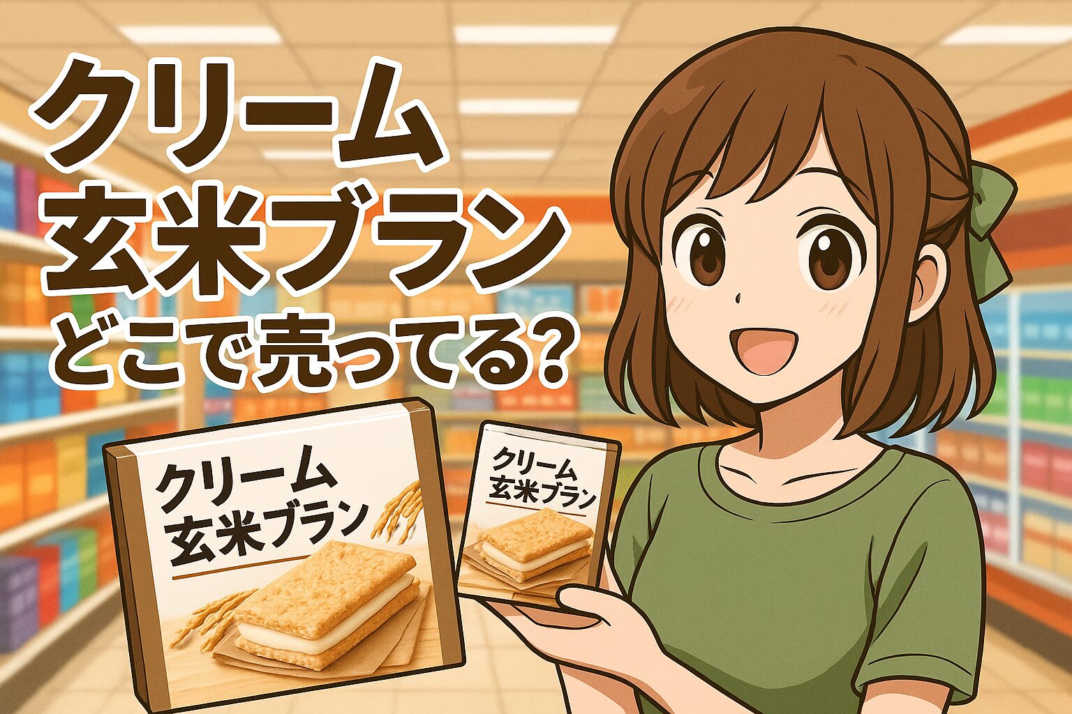 クリーム玄米ブランの販売場所を紹介する記事のアイキャッチ画像。緑のリボンを付けた女性が「クリーム玄米ブラン」のパッケージを手に、スーパーのお菓子コーナーで微笑んでいる。