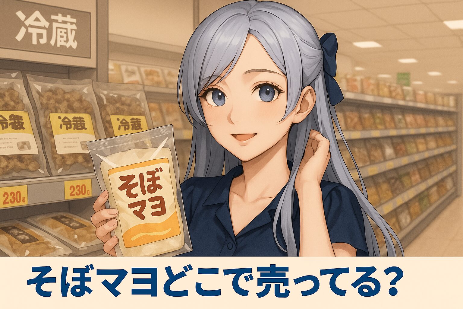 そばマヨの販売場所を紹介する記事のアイキャッチ画像。青い髪の女性が「そばマヨ」と書かれたパックを手に持ち、冷蔵コーナーの棚の前で微笑んでいる。