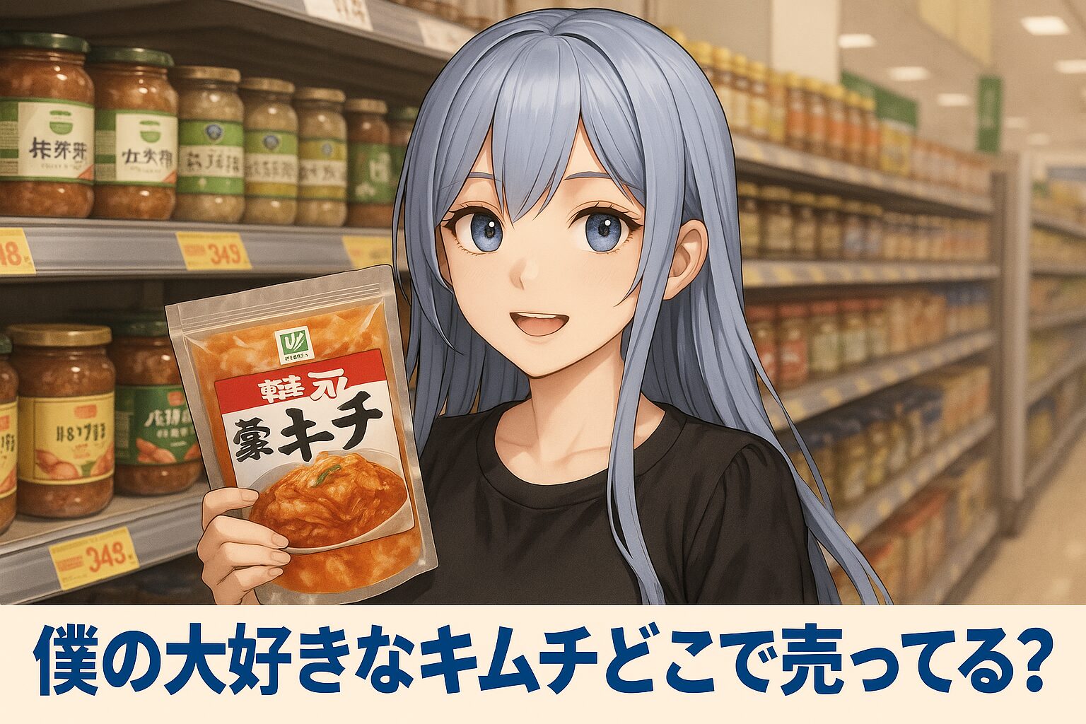 「僕の大好きなキムチ」の販売場所を紹介する記事のアイキャッチ画像。青髪の女性がパッケージを手に、スーパーの棚の前で明るく微笑んでいる。