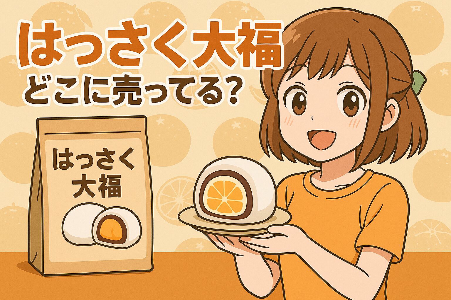 はっさく大福の販売場所を紹介する記事のアイキャッチ画像。女性が白い大福と袋入りパッケージを手に持ち、オレンジ色の背景で笑顔を見せている。