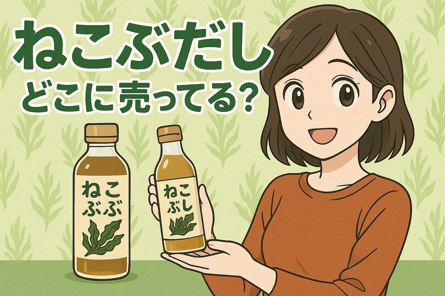 ねこぶだしの販売場所を紹介する記事のアイキャッチ画像。女性が瓶入りだしを手に持ち緑色の背景で笑顔を見せている。