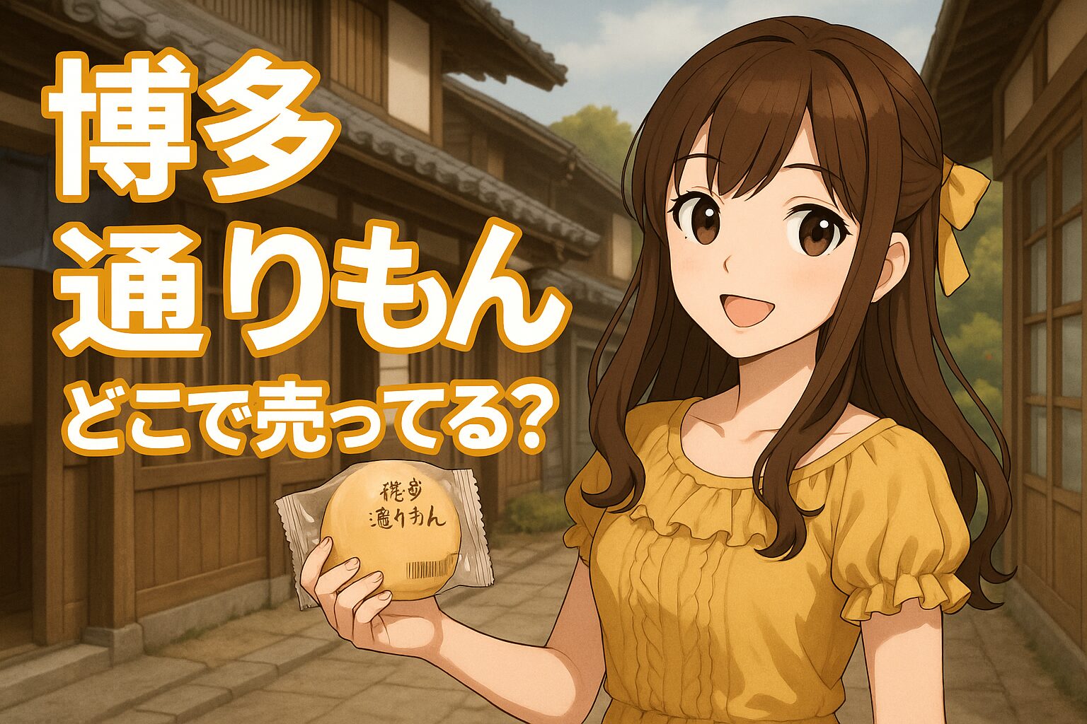 博多通りもんの販売場所を紹介する記事のアイキャッチ画像。茶髪の女性が「博多通りもん」のお菓子を手に持ち、博多の町屋風の通りを背景に笑顔を見せている。
