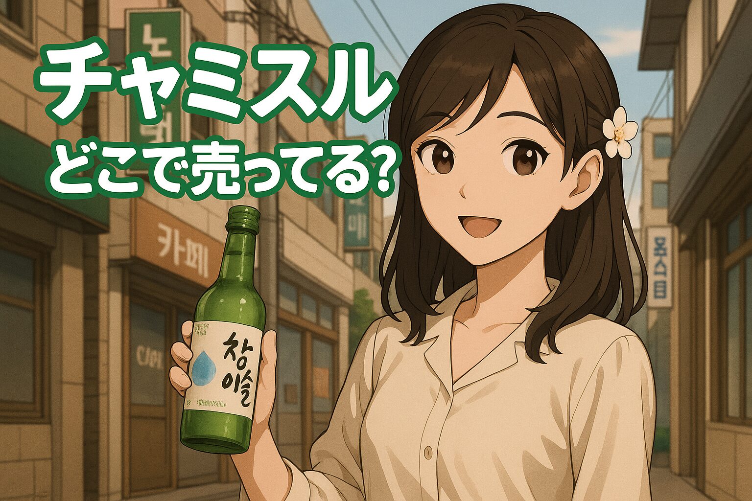 チャミスルの販売場所を紹介する記事のアイキャッチ画像。黒髪の女性が「チャミスル」の瓶を手に、韓国の街並みを背景に微笑んでいる。背景には看板が並び、暖かい雰囲気の街角。