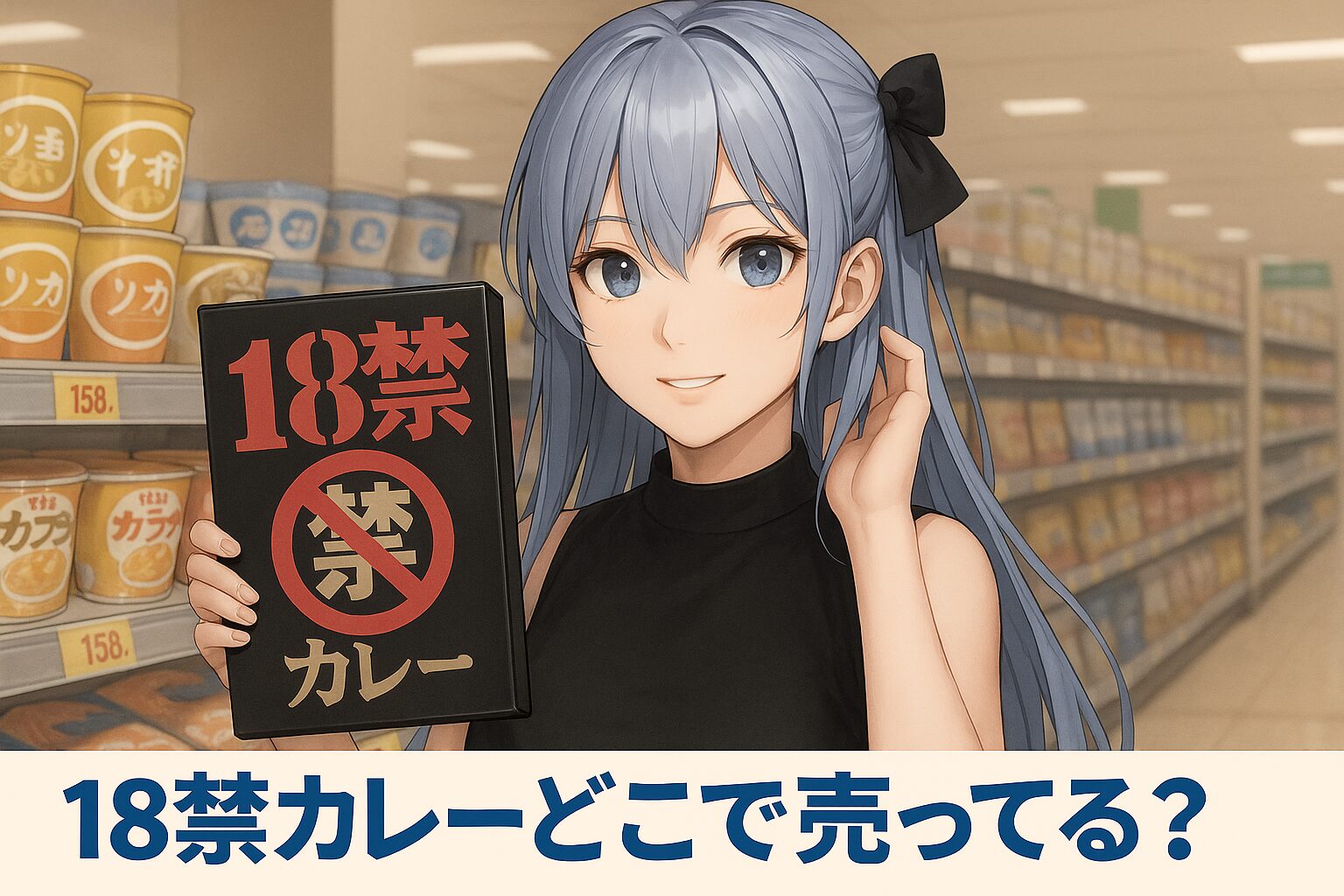 18禁カレーの販売店を紹介する記事のアイキャッチ画像。青髪の女性が黒いパッケージの「18禁カレー」を手に、スーパーのカレー売り場でにこやかに立っている。