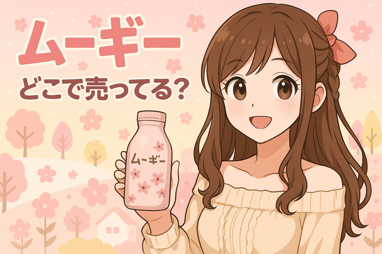 ムーギーの販売場所を紹介する記事のアイキャッチ画像。茶髪の女性が桜柄の「ムーギー」ボトルを手に、春の花が咲くピンク色の背景で優しく微笑んでいる。