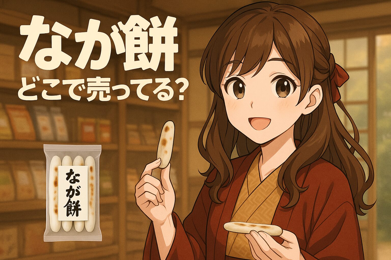 なか餅の販売場所を紹介する記事のアイキャッチ画像。茶髪の女性が和風の部屋で「なか餅」と書かれた袋を手に、もう片方の手で餅を持ちながら笑顔を見せている。