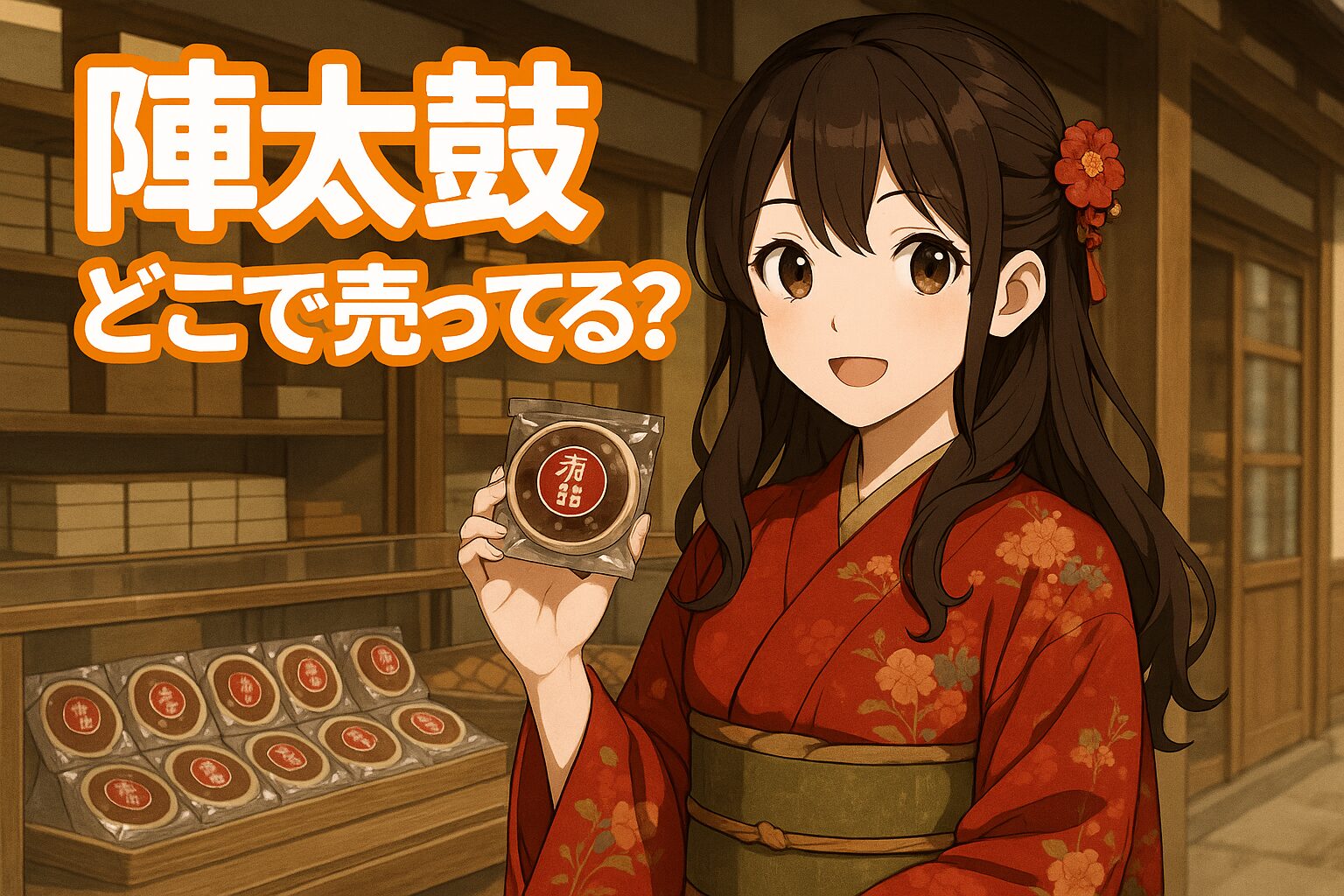 陣太鼓の販売場所を紹介する記事のアイキャッチ画像。茶髪の女性が赤い和服姿で、和菓子店の店内で「陣太鼓」の和菓子を手に微笑んでいる。背景には木製の陳列棚が並ぶ。