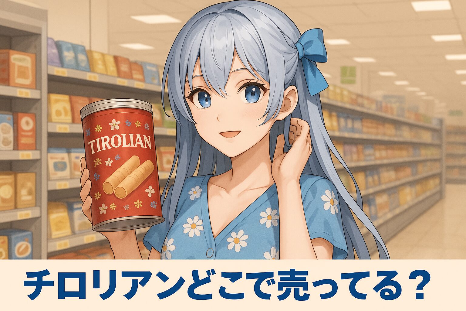 チロリアンの販売場所を紹介する記事のアイキャッチ画像。青髪の女性が「チロリアン」の缶を手に、スーパーのお菓子売り場で穏やかに微笑んでいる。