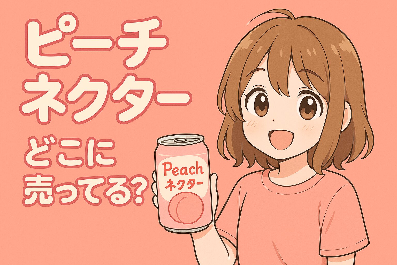 ピーチネクターの販売場所を紹介する記事のアイキャッチ画像。女性がピンク色の缶のピーチネクターを手に持ち、淡いピンクの背景で微笑んでいる。