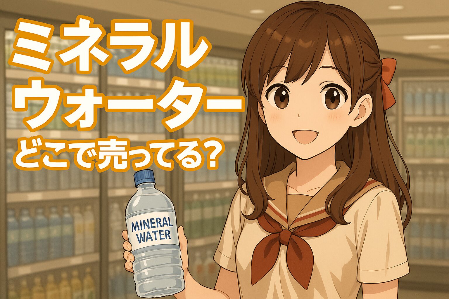 ミネラルウォーターの販売場所を紹介する記事のアイキャッチ画像。茶髪の女性がペットボトルの水を手に持ち、スーパーの飲料コーナーで微笑んでいる。