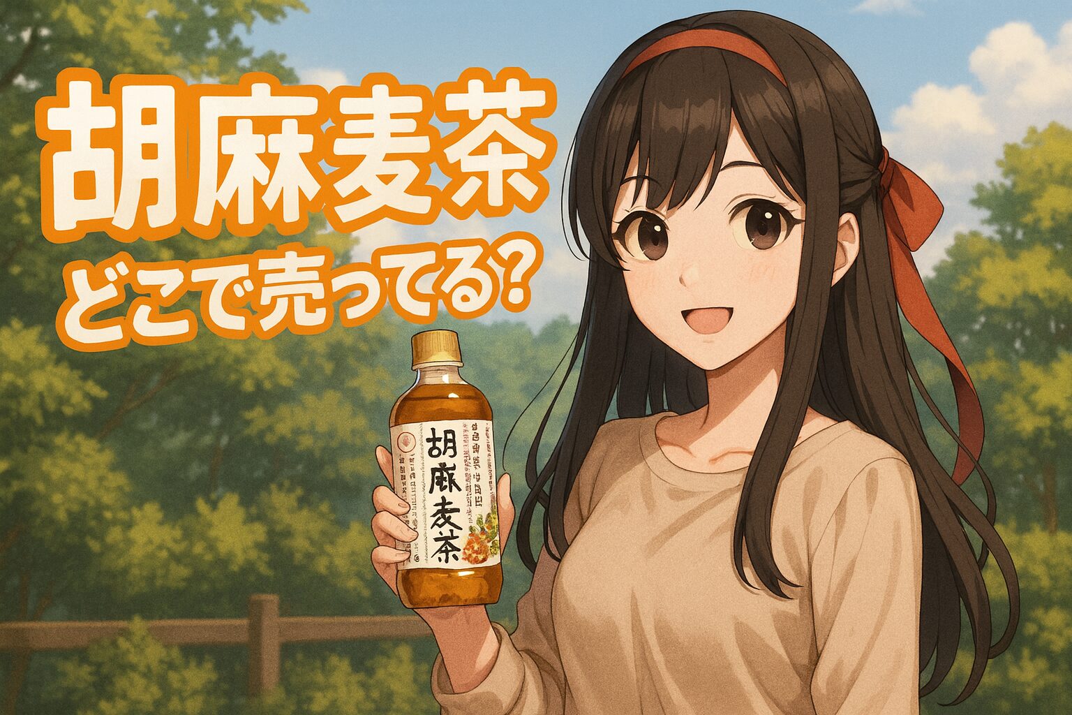 胡麻麦茶の販売場所を紹介する記事のアイキャッチ画像。茶髪の女性が「胡麻麦茶」のペットボトルを持ち、スーパーの飲料コーナーを背景に笑顔を見せている。