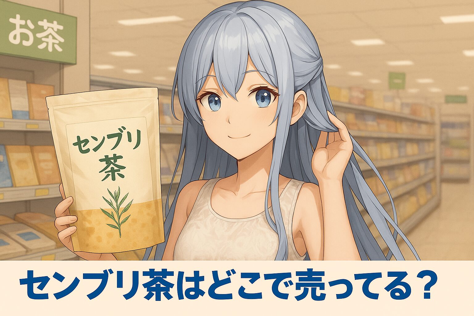 センブリ茶の販売場所を紹介する記事のアイキャッチ画像。青髪の女性が「センブリ茶」と書かれたパッケージを持ち、スーパーのお茶売り場を背景に穏やかに微笑んでいる。