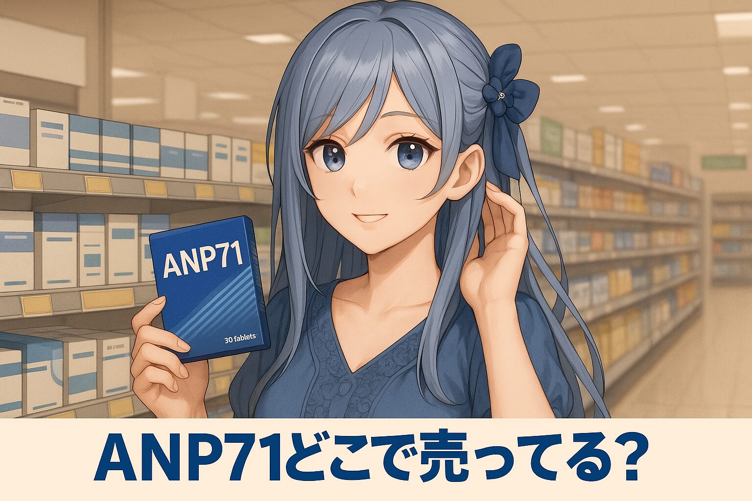 ANP71の販売場所を紹介する記事のアイキャッチ画像。青髪の女性が青いパッケージの「ANP71」を手に、ドラッグストアの棚の前で静かに微笑んでいる。