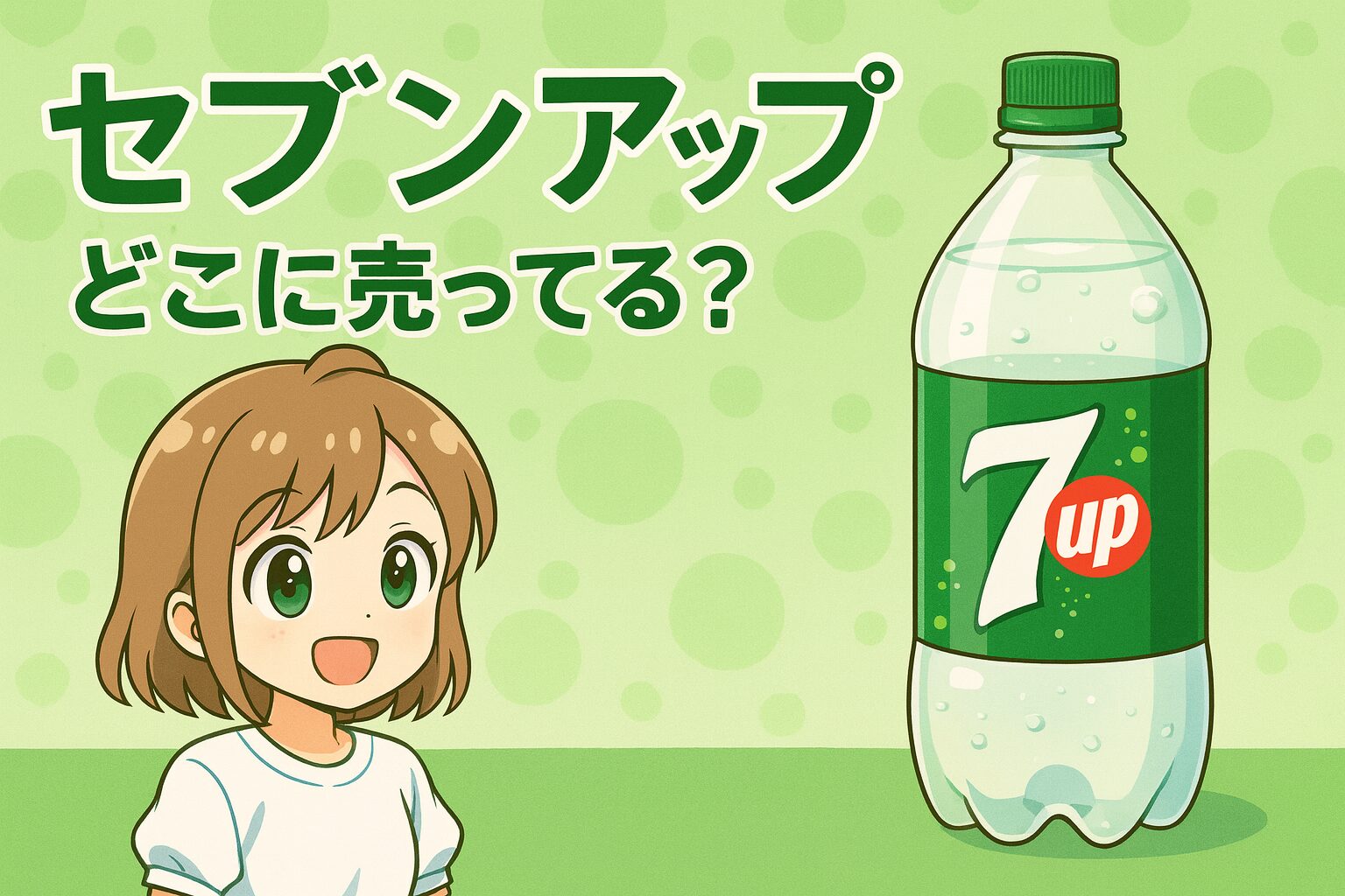 セブンアップの販売場所を紹介する記事のアイキャッチ画像。女性が緑のボトルを手に持ち、淡いグリーンの背景で笑顔を見せている。