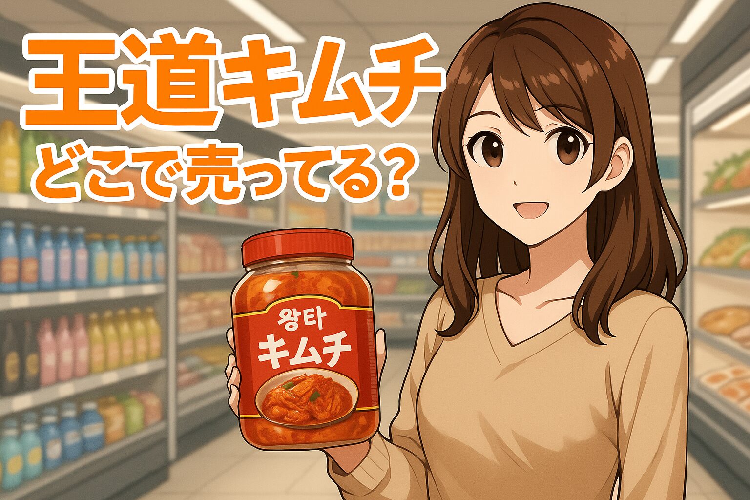 王道キムチの販売場所を紹介する記事のアイキャッチ画像。茶髪の女性が瓶入りの「王道キムチ」を手に、スーパーの冷蔵棚の前で明るく微笑んでいる。