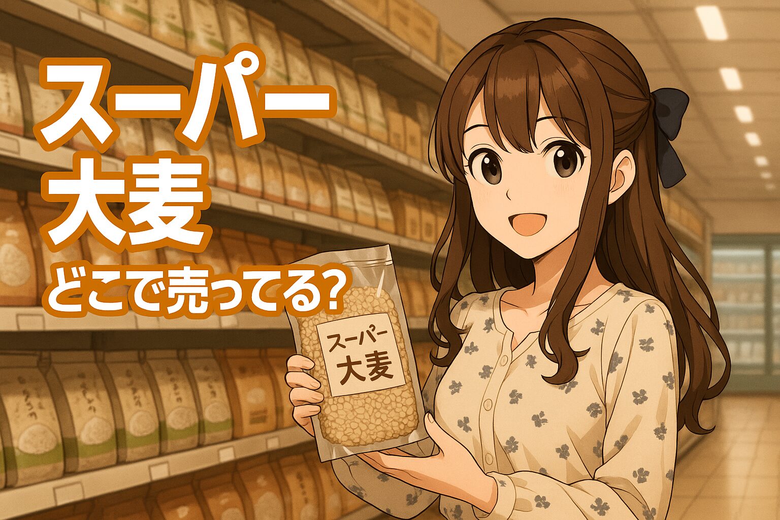 スーパー大麦の販売場所を紹介する記事のアイキャッチ画像。青髪の女性が「スーパー大麦」と書かれた袋を持ち、スーパーの健康食品コーナーの棚の前で微笑んでいる。