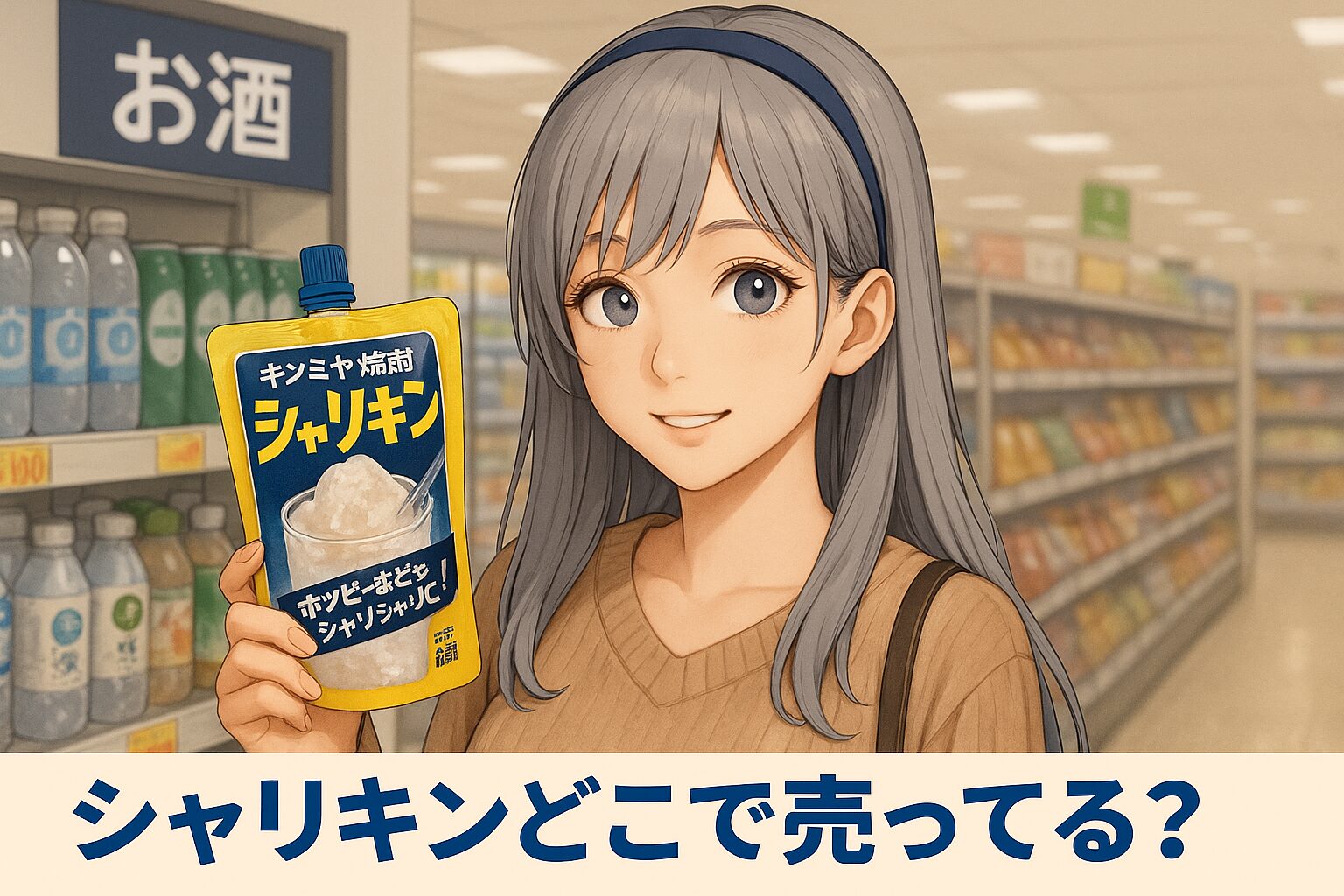 シャリキンの販売場所を紹介する記事のアイキャッチ画像。灰色の髪の女性がスーパーの酒類コーナーで、青と黄色のパウチ入り「シャリキン」を手に微笑んでいる。背景にはお酒の棚が並んでいる。