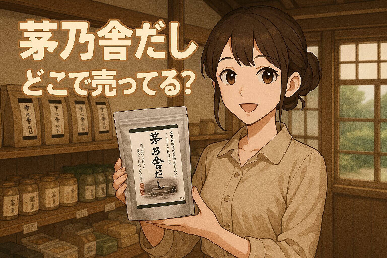茅乃舎だしの販売場所を紹介する記事のアイキャッチ画像。茶髪の女性が「茅乃舎だし」のパッケージを手に持ち、木の棚が並ぶ和風の店内で微笑んでいる。